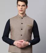 khaki nehru jacket with slub self design pattern