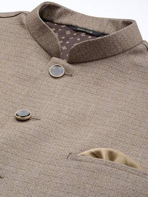 khaki nehru jacket with slub self design pattern 2