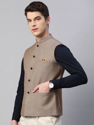 khaki nehru jacket with slub self design pattern 3