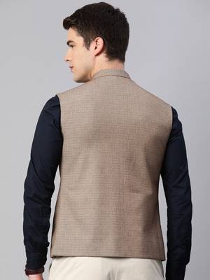 khaki nehru jacket with slub self design pattern 4