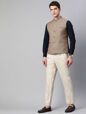 khaki nehru jacket with slub self design pattern 5
