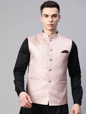 Men pink diamond weave jacquard nehru jacket 1