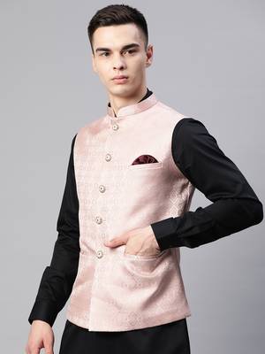 Men pink diamond weave jacquard nehru jacket 3