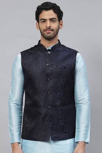 Men dark blue jacquard nehru jacket with floral weave design