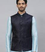 Men dark blue jacquard nehru jacket with floral weave design