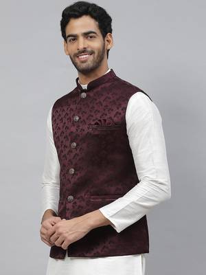 maroon nehru jacket with floral thread work 1