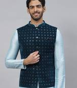 teal blue velvet embroidery nehru jacket