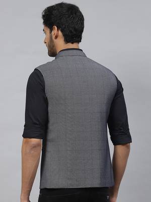 steel grey nehru jacket with self chex 3
