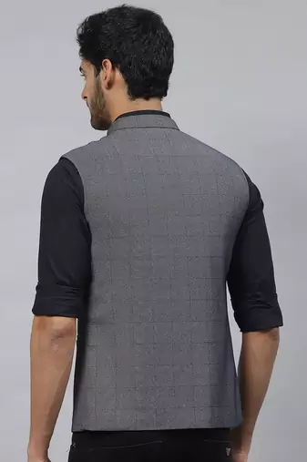steel grey nehru jacket with self chex