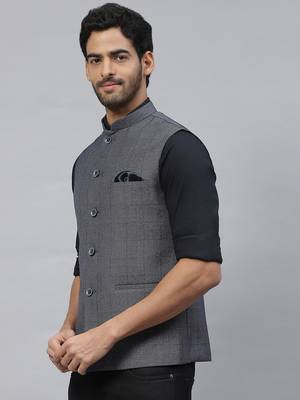 steel grey nehru jacket with self chex 4