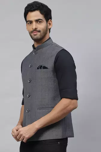 steel grey nehru jacket with self chex