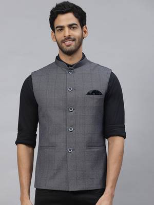 steel grey nehru jacket with self chex 5
