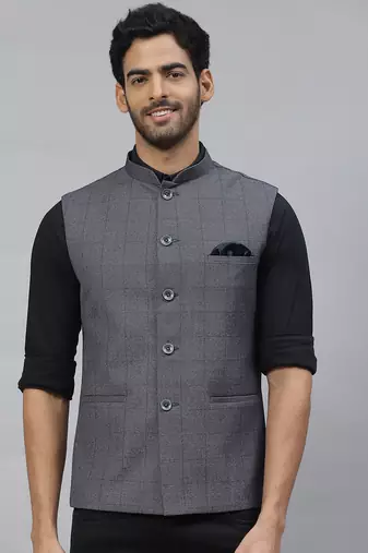 steel grey nehru jacket with self chex