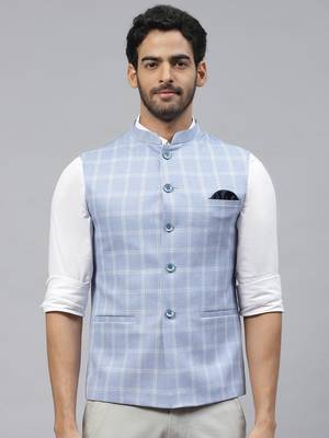 sky blue nehru jacket with white chex 1
