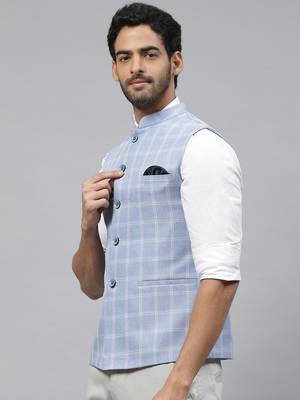 sky blue nehru jacket with white chex 3
