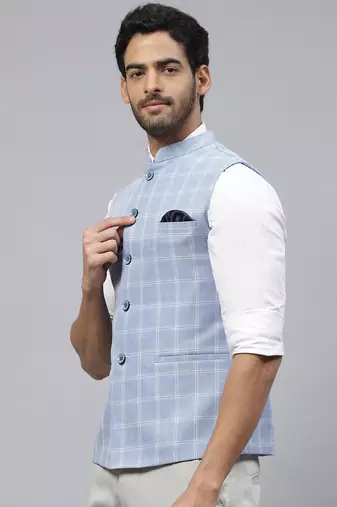 sky blue nehru jacket with white chex