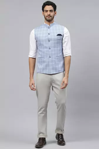 sky blue nehru jacket with white chex