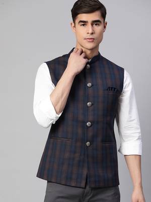 dark blue nehru jacket with bold khaki chex 1
