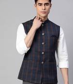 dark blue nehru jacket with bold khaki chex