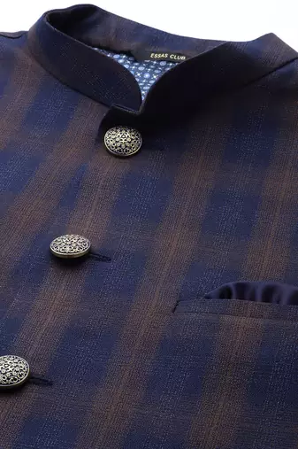 dark blue nehru jacket with bold khaki chex