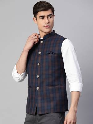 dark blue nehru jacket with bold khaki chex 3