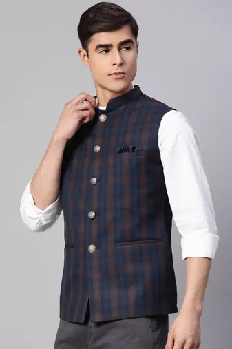 dark blue nehru jacket with bold khaki chex
