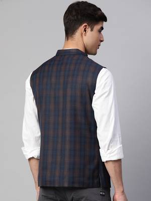 dark blue nehru jacket with bold khaki chex 4