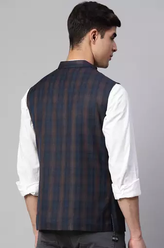 dark blue nehru jacket with bold khaki chex