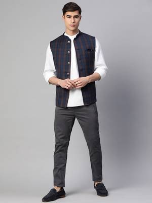 dark blue nehru jacket with bold khaki chex 5