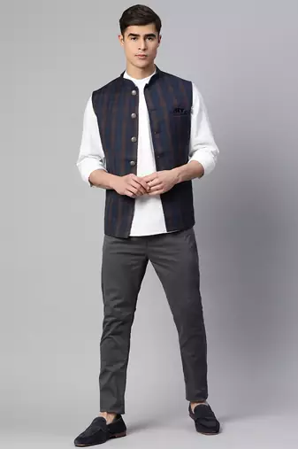 dark blue nehru jacket with bold khaki chex