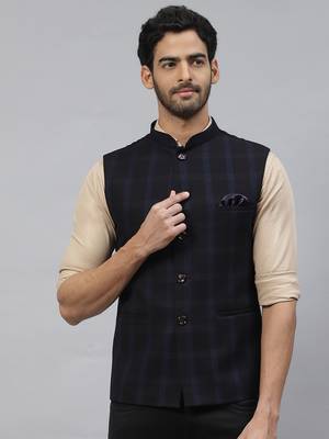 Men purplish blue nehru jacket with dual tone chex 1