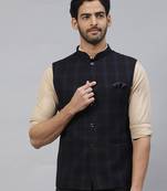 Men purplish blue nehru jacket with dual tone chex