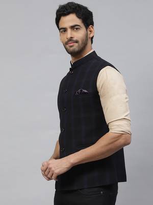 Men purplish blue nehru jacket with dual tone chex 3