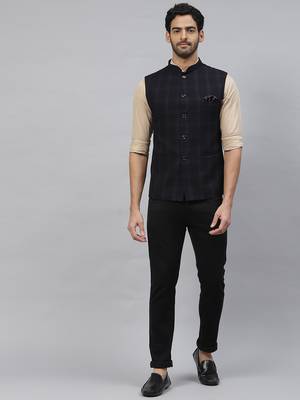 Men purplish blue nehru jacket with dual tone chex 5
