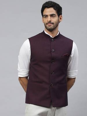 wineish purple nehru jacket with self chex 1