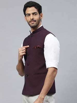 wineish purple nehru jacket with self chex 3