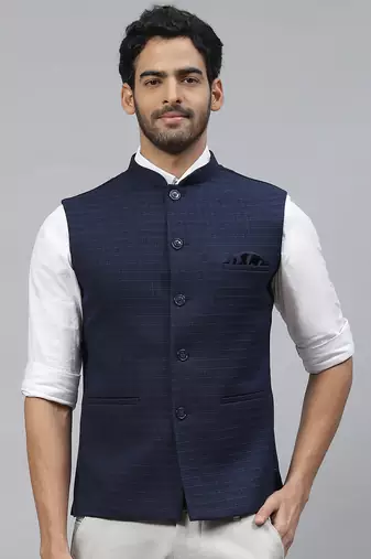 Men navy blue nehru jacket with royal blue dotted chex