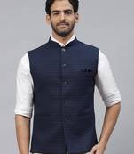 Men navy blue nehru jacket with royal blue dotted chex
