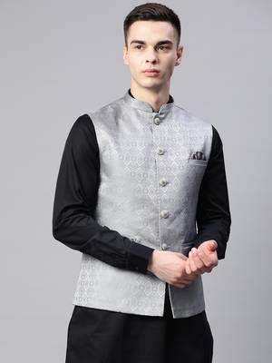 grey diamond weave jacquard nehru jacket 1