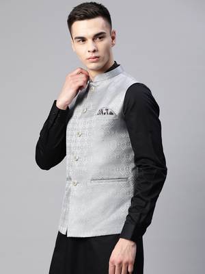 grey diamond weave jacquard nehru jacket 3