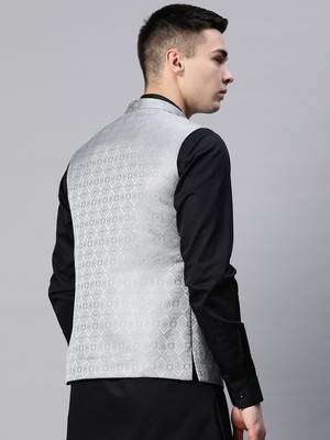 grey diamond weave jacquard nehru jacket 4