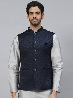 Men blue nehru jacket with floral thread work 1