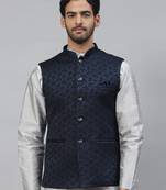 Men blue nehru jacket with floral thread work
