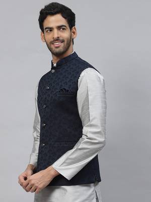 Men blue nehru jacket with floral thread work 3