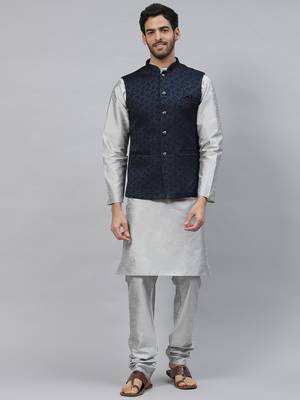 Men blue nehru jacket with floral thread work 5