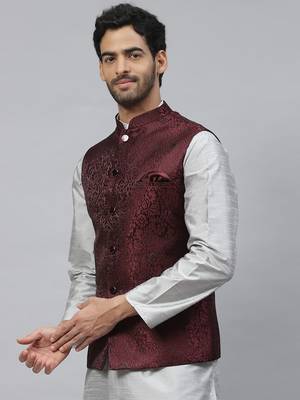 Men maroon jacquard nehru jacket with floral weave design 1