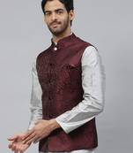 Men maroon jacquard nehru jacket with floral weave design
