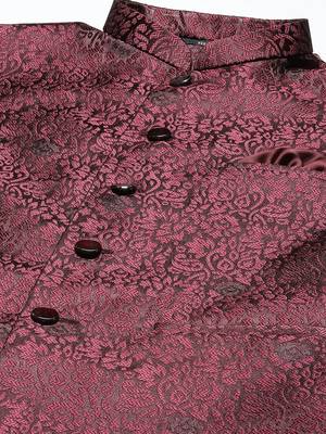 Men maroon jacquard nehru jacket with floral weave design 2