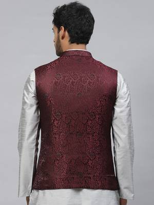 Men maroon jacquard nehru jacket with floral weave design 3