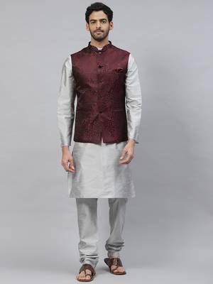 Men maroon jacquard nehru jacket with floral weave design 5